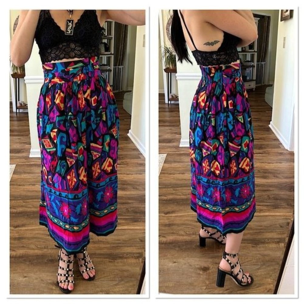 CHRISTINE DAVID Vintage Colorful Abstract Print High Waist Midi Skirt XS-S NWOT